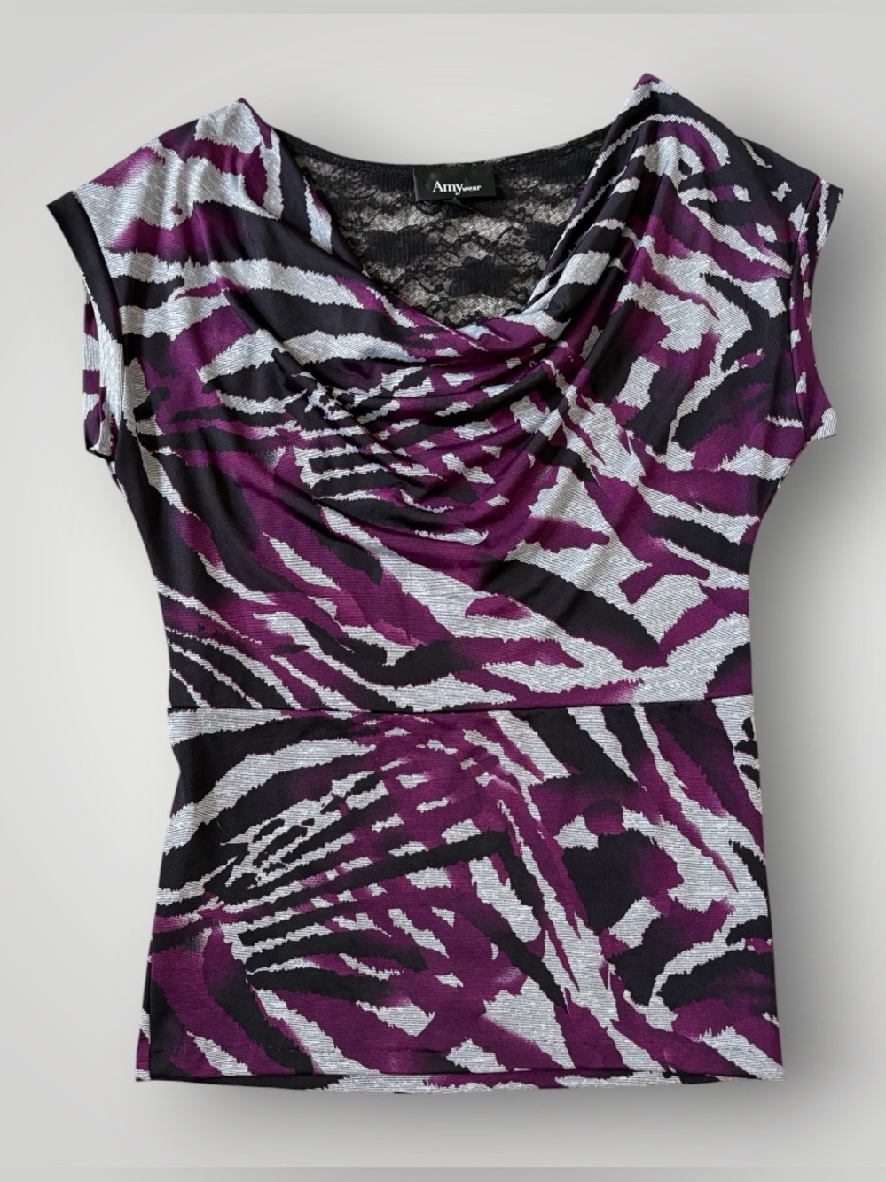 Purple & Black Cowl Neck Zebra Print Blouse with Black Lace Back - Amy Wear
